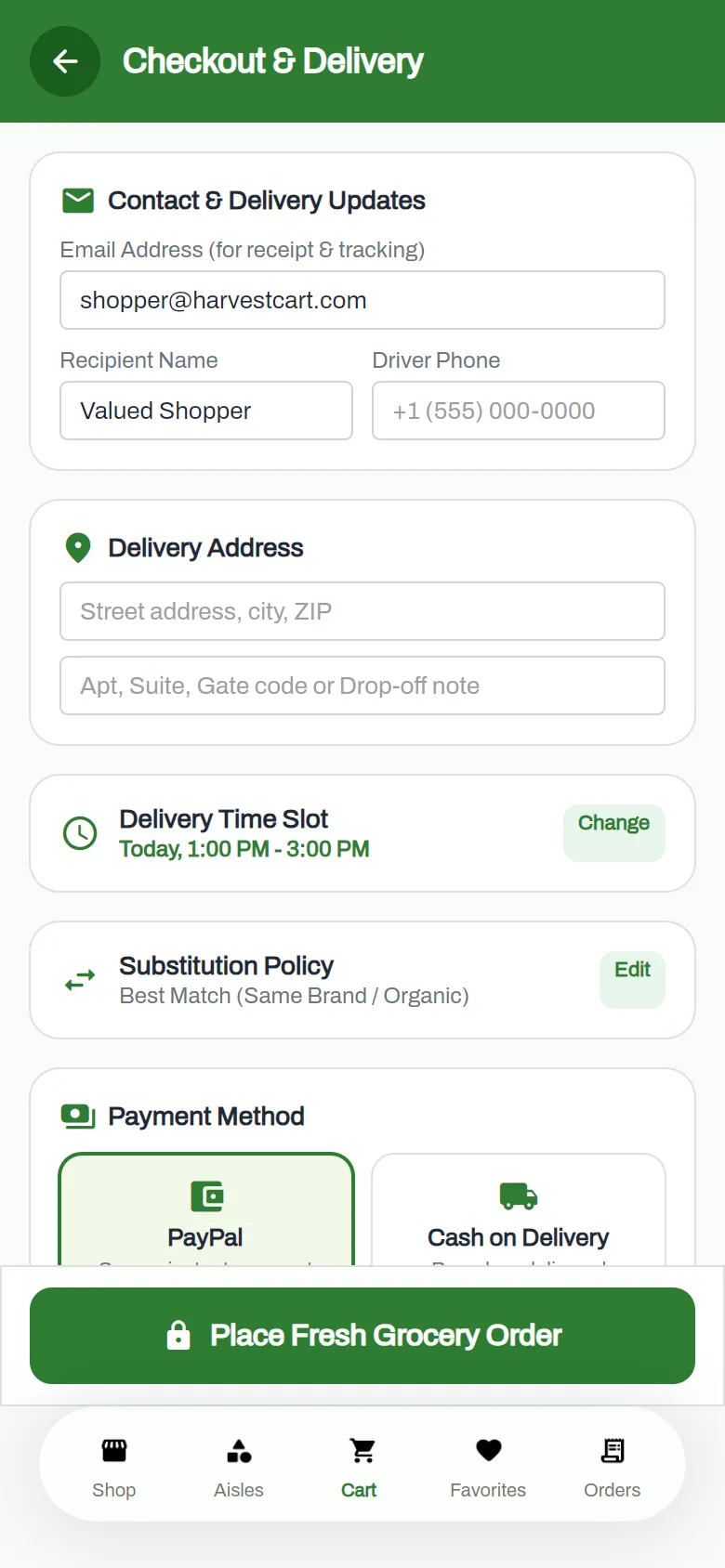 HarvestCart checkout with contact details, delivery address, time slot and PayPal or cash on delivery