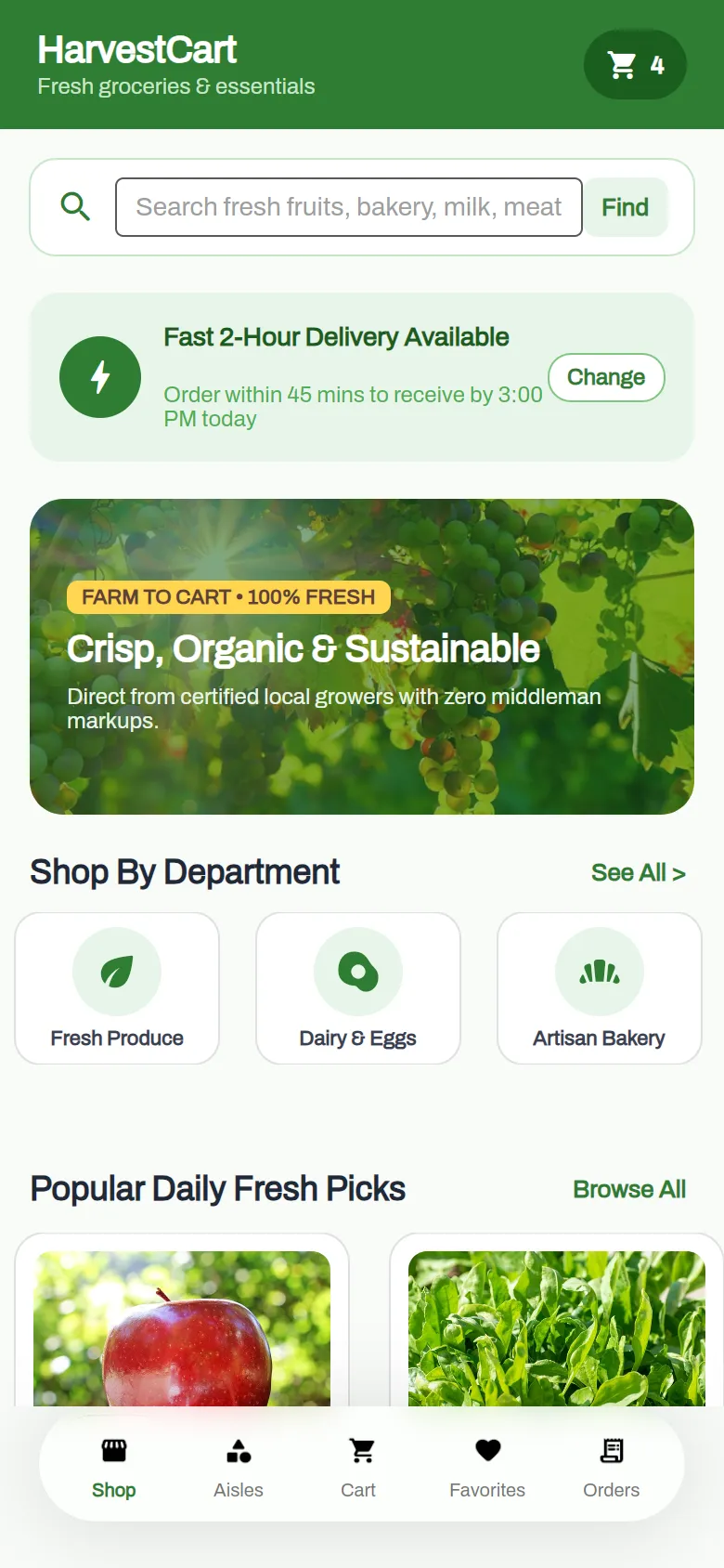 HarvestCart shop page with search, delivery banner, departments and products