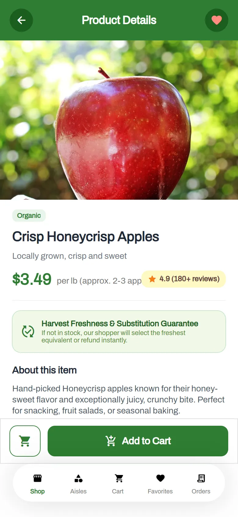 HarvestCart product page for Crisp Honeycrisp Apples with price, rating and Add to Cart