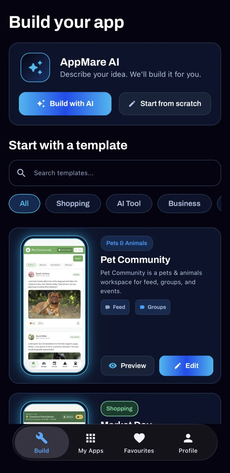 AppMare Build tab on iPhone with Build with AI, Start from scratch and templates