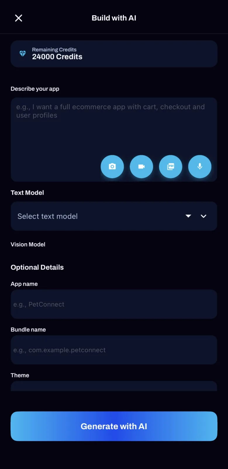 Build with AI form in the AppMare mobile app