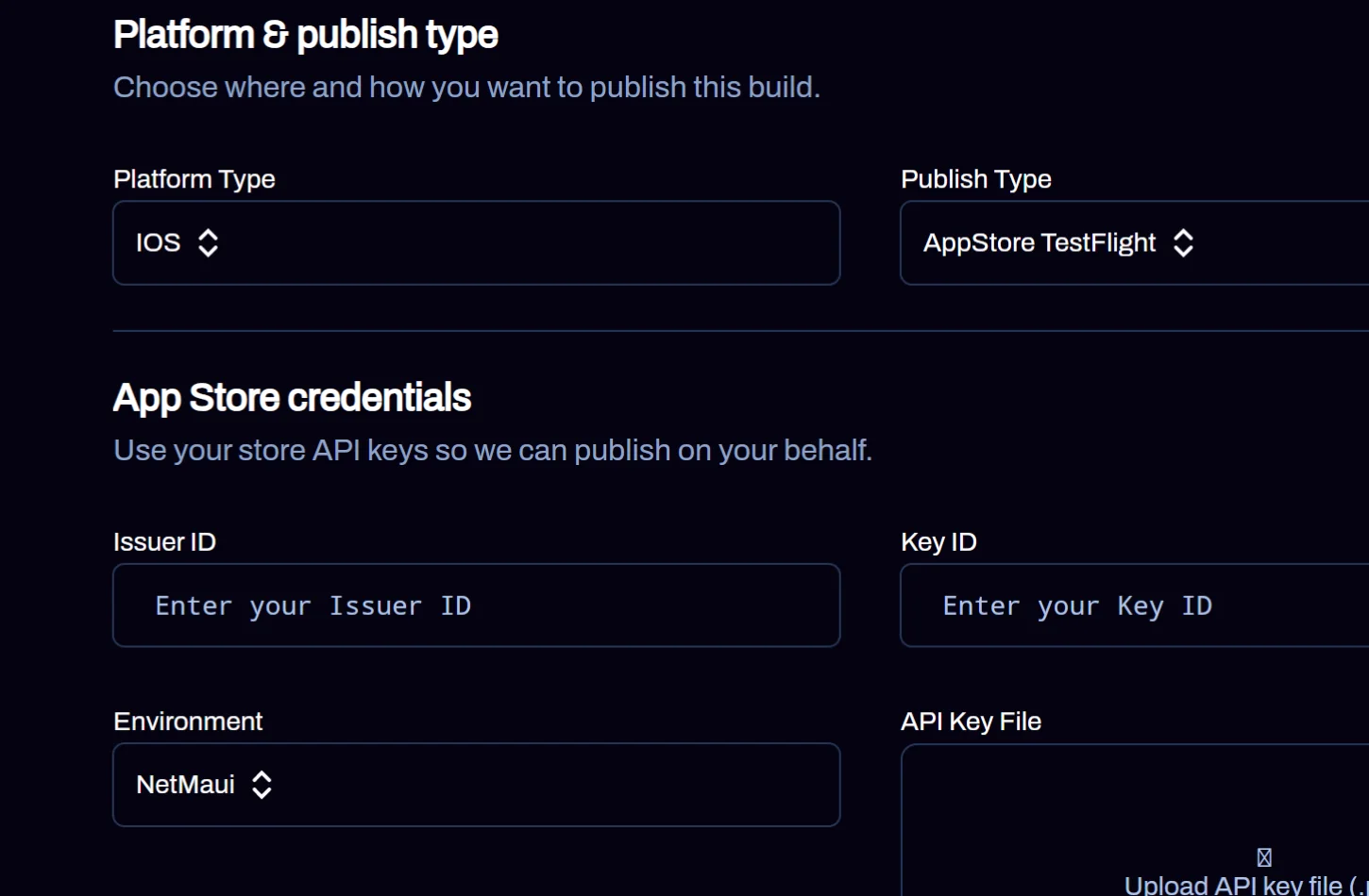 Publish dialog: platform type, publish type and the environment set to .NET MAUI