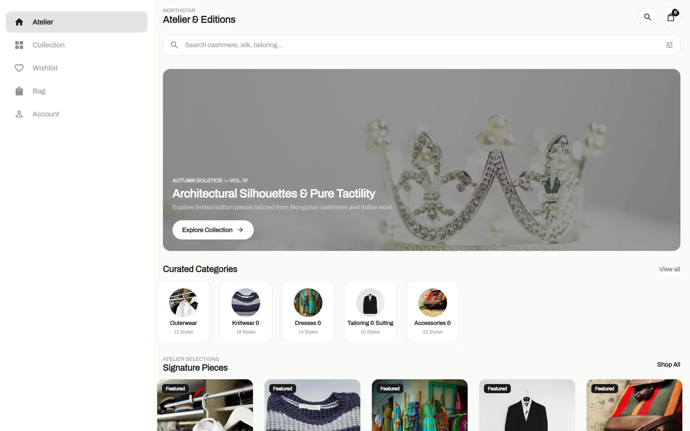 Northstar Boutique on a desktop browser with a sidebar for Atelier, Collection, Wishlist, Bag and Account
