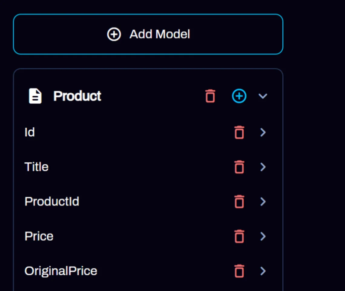 Data type panel listing the fields of a Product model