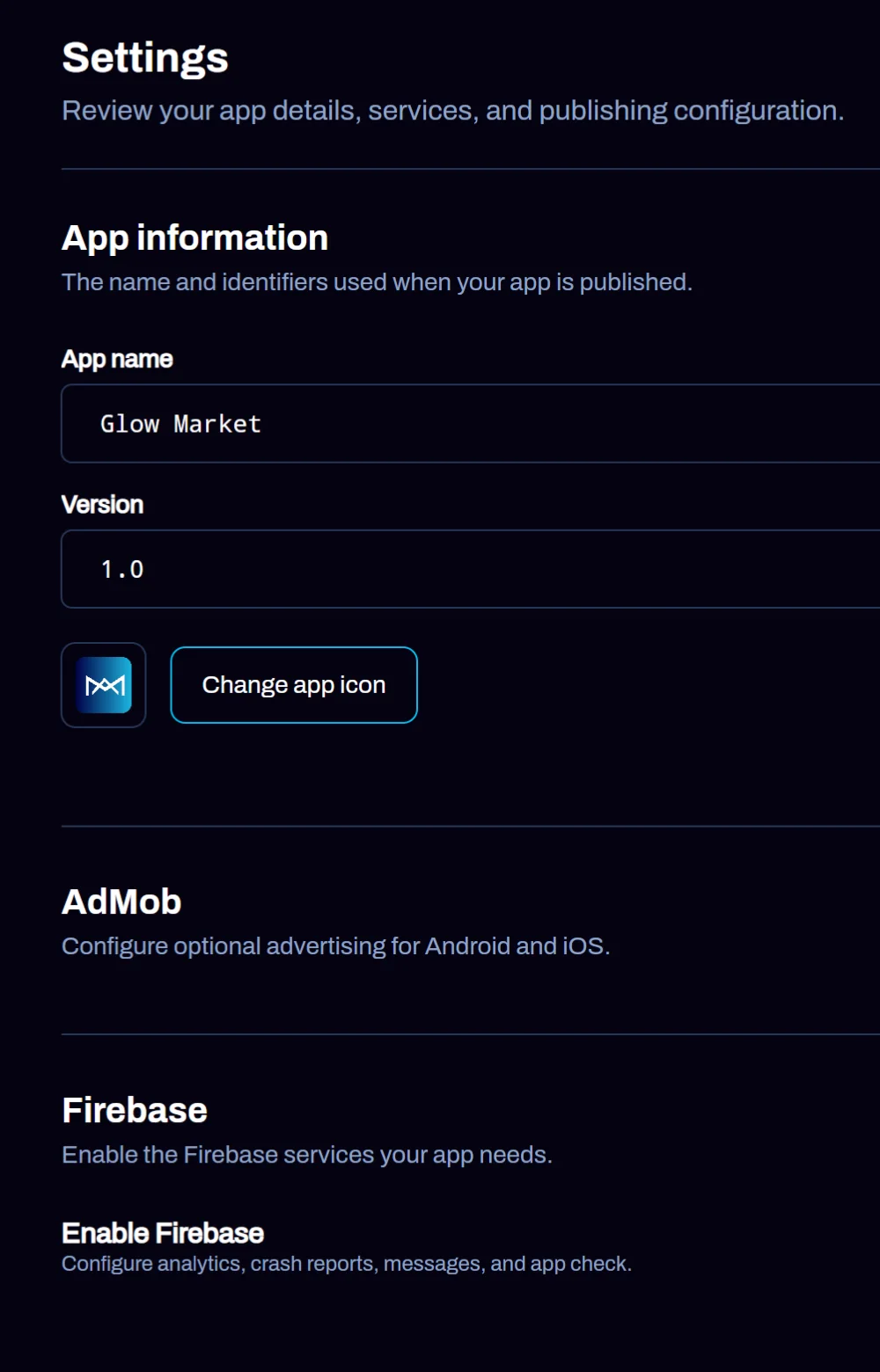 App settings: app name, bundle ID, version, app icon, AdMob and Firebase sections